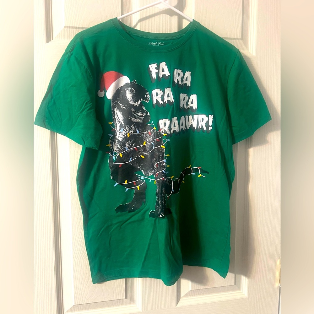 North Pole Dinosaur Christmas green short sleeve T-shirt size 18/20 Husky